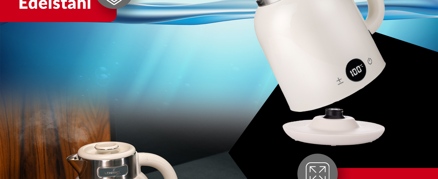 Електричний чайник LEHMANN з регулюванням температури 40-100°C, 1,5L, функцією підігріву, швидким нагріванням, LED-дисплеєм, нержавіючою сталлю, автовимкненням та захистом від перегріву, BPA-free, кремовий