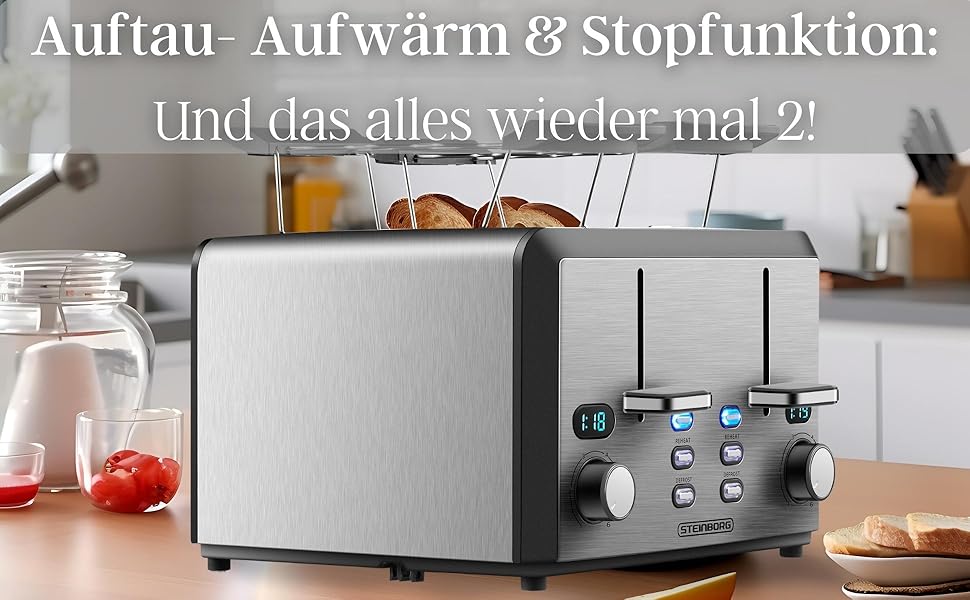 Тостер XXL з 4-ма слотами | Тостер автоматичний, 1600 Вт | Регулятор 6-ти рівнів, підставка для бургерів, функція розморожування, з нержавіючої сталі, LED дисплей