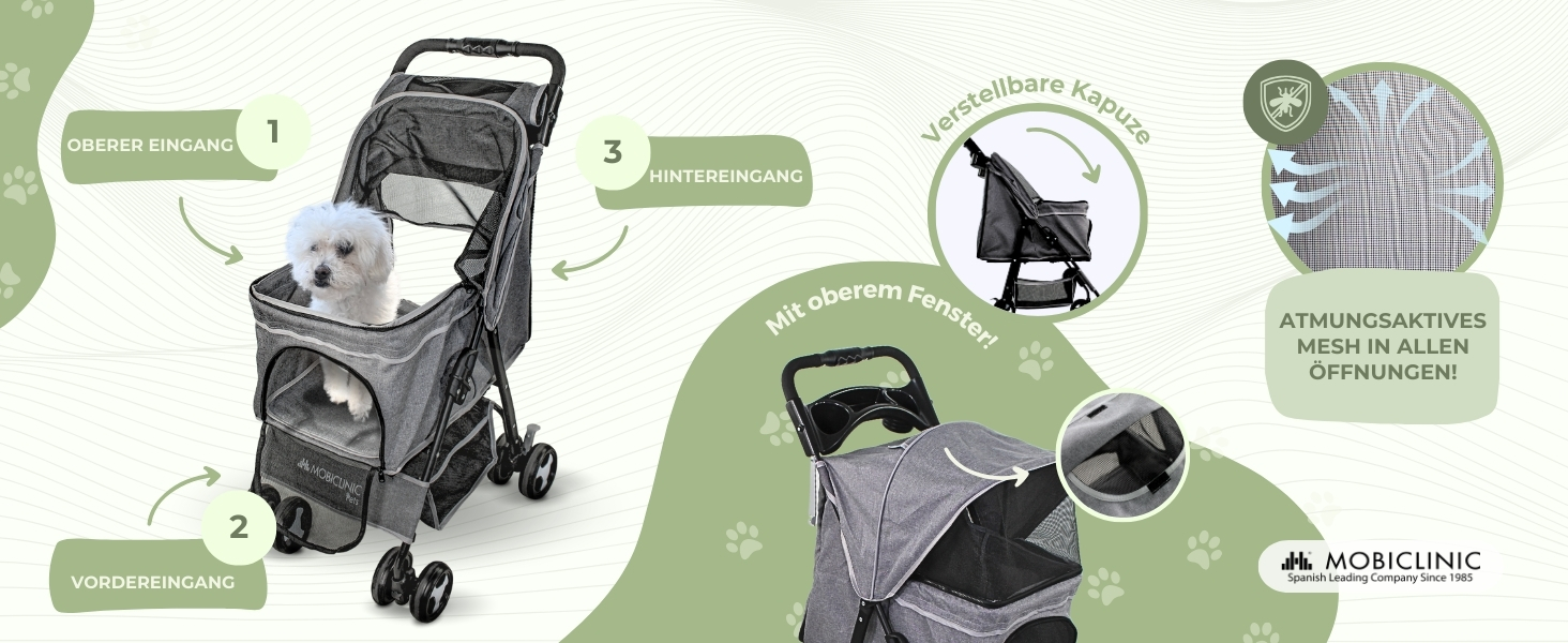 Mobiclinic® Pet Folding Dog Cart - 15kg Capacity, Small Dogs, Zuma Wheels with Brakes, XXL Storage Basket, 3 Zipper Windows & Mosquito Net, Cup Holder, Grey