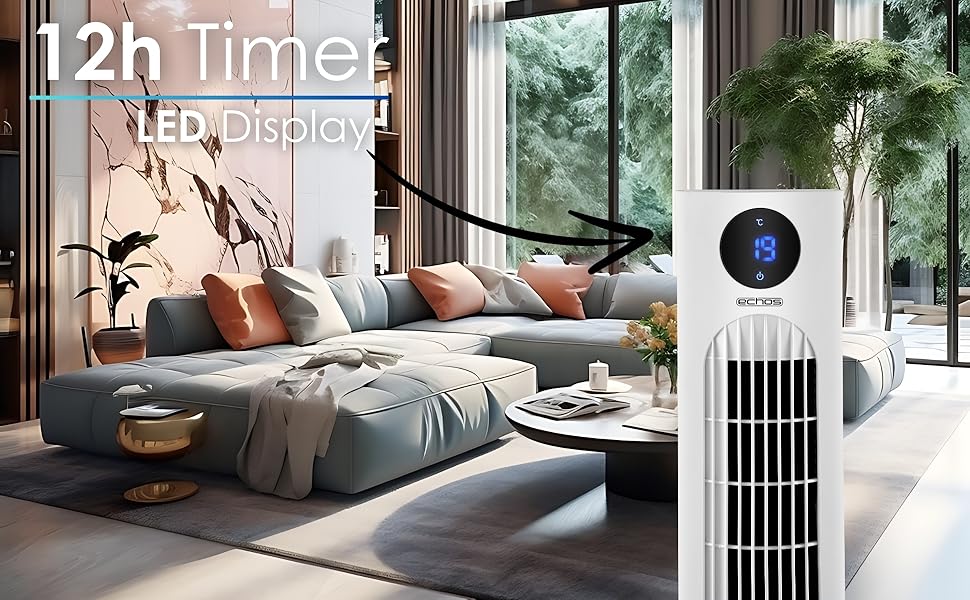 Вентилятор Tower Echo – тихий, з пультом, LED-дисплеєм та таймером 12 год