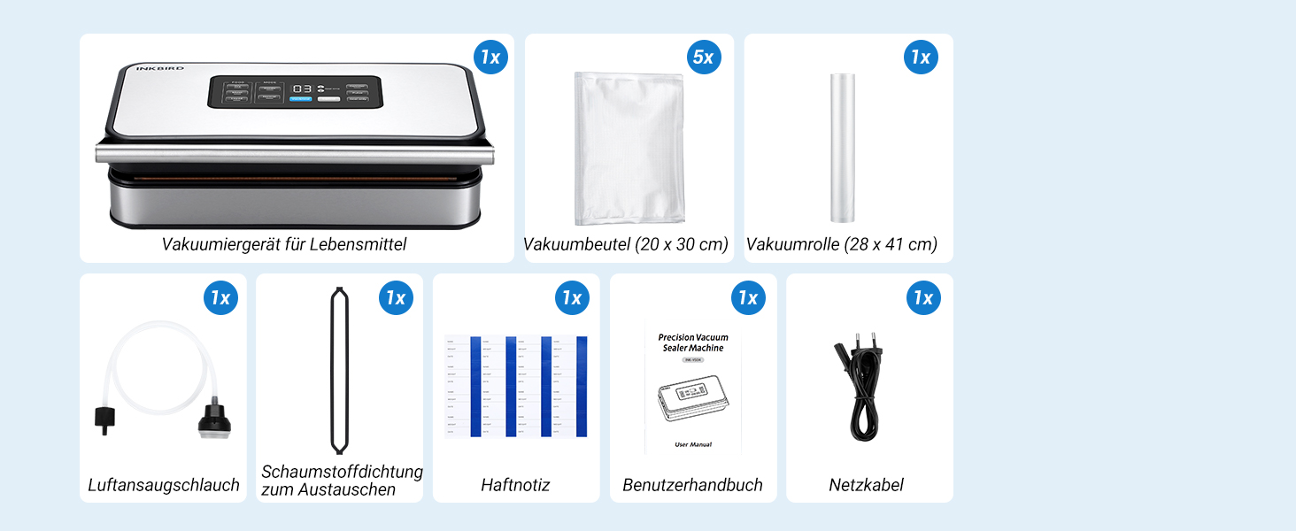 Вакуумний пакувальник INKBIRD для продуктів харчування з режимами сушіння, вологого та рідинного пакування, подвійна помпа, 20 л/хв, тихий, вбудований різак, ролики та пакети в комплекті (сірий)