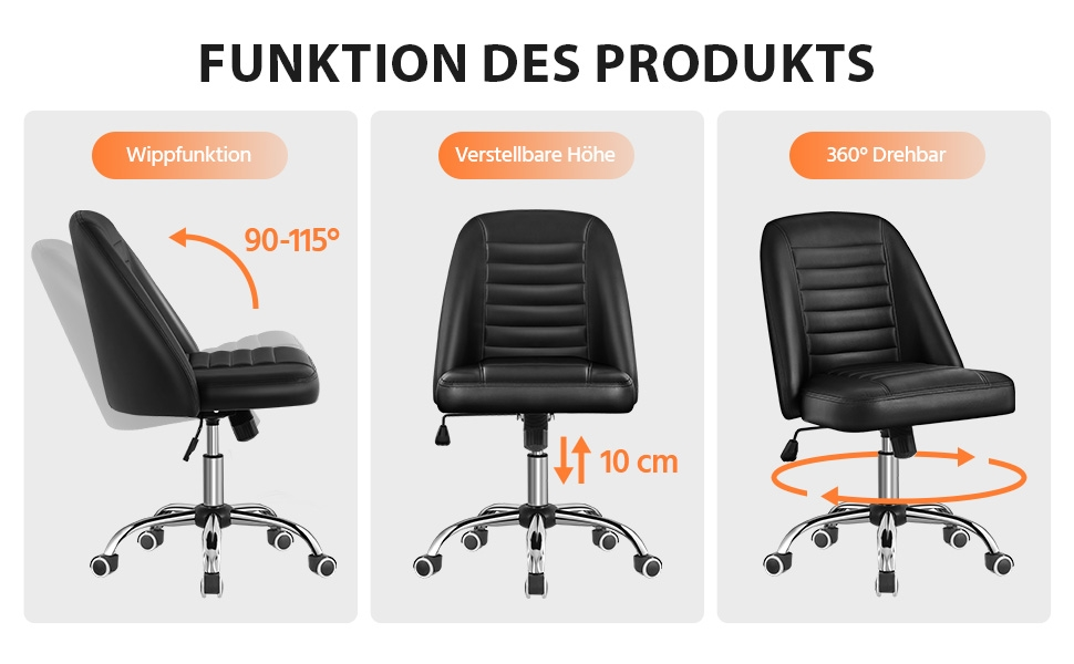 Офісне крісло Yaheetech без підлокітників, обертове, на роликах, регульоване по висоті, чорне, з штучної шкіри