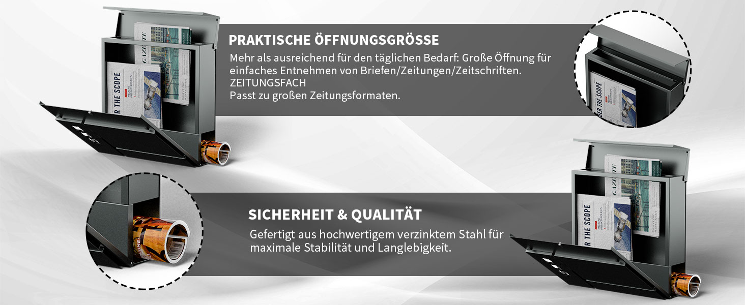 Поштовий ящик антрацит з гравіюванням, персоналізований, 2-в-1, нержавіюча сталь, з табличкою для імені та номера будинку, газетний відсік, подвійний (L)