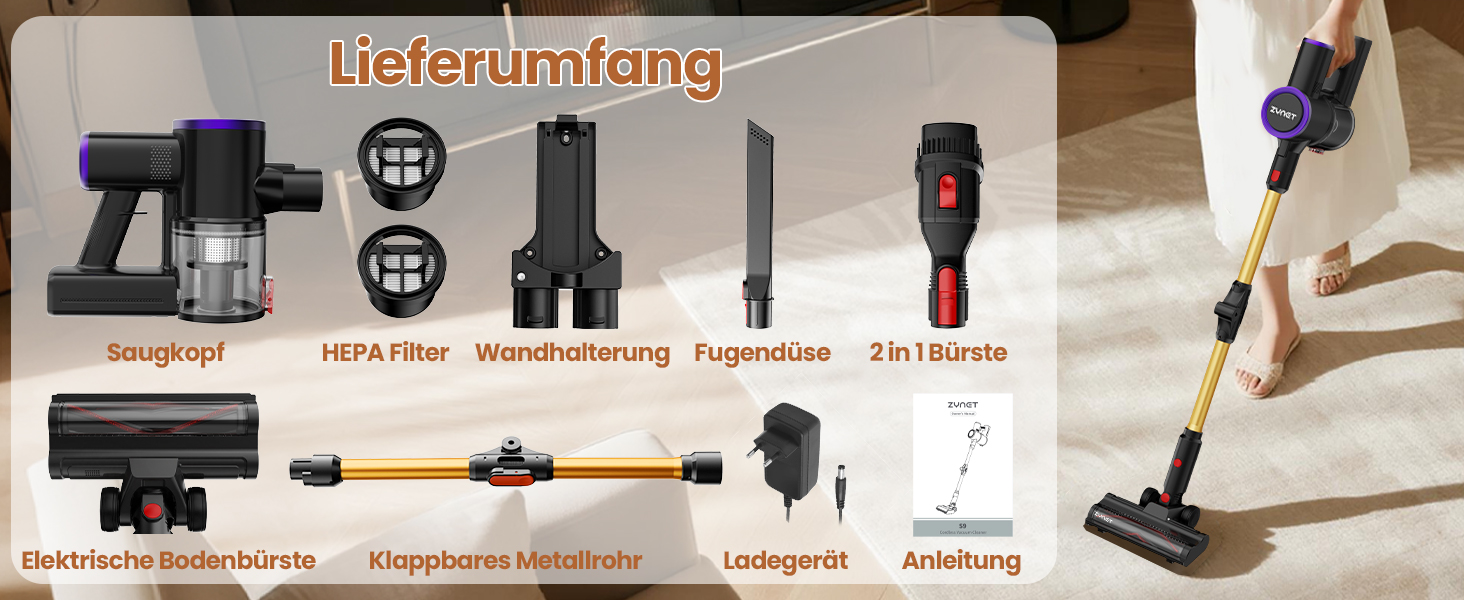 Бездротовий акумуляторний пилосос S9 з гнучким гофрованим всмоктувачем, 45000Pa/500W/45хв, станція зарядки, самостійна підставка, підходить для шерсті тварин, килимів, твердих поверхонь.