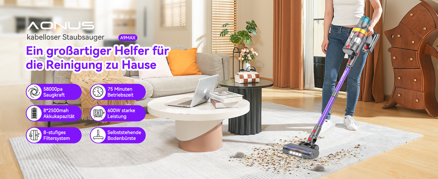 Бездротовий пилосос Aonus A9 Max 58Kpa з акумулятором, 600W, 1.8L, з сенсорним екраном, до 75 хвилин роботи, для твердих поверхонь, килимів та шерсті тварин