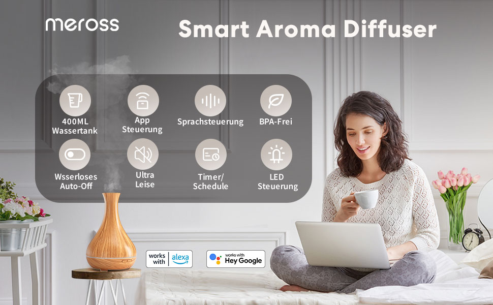 Розумний аромадифузор Meross Mini | 400 мл, RGB, керування через додаток, голосове керування | Сумісний з Apple Home, Alexa, Google Home