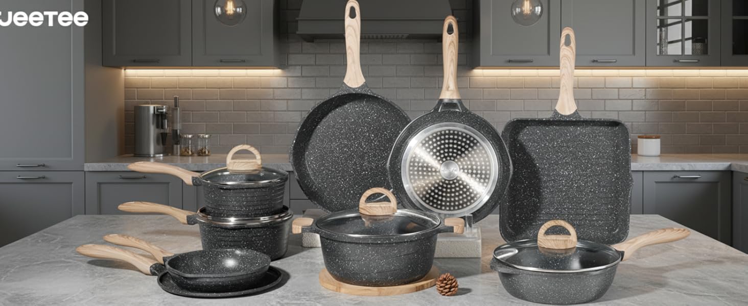 Набір посуду JEETEE 23-елементи: каструлі та сковорідки з антипригарним гранітним покриттям, підходить для всіх плит (індукційних), ідеальний як подарунок на новосілля