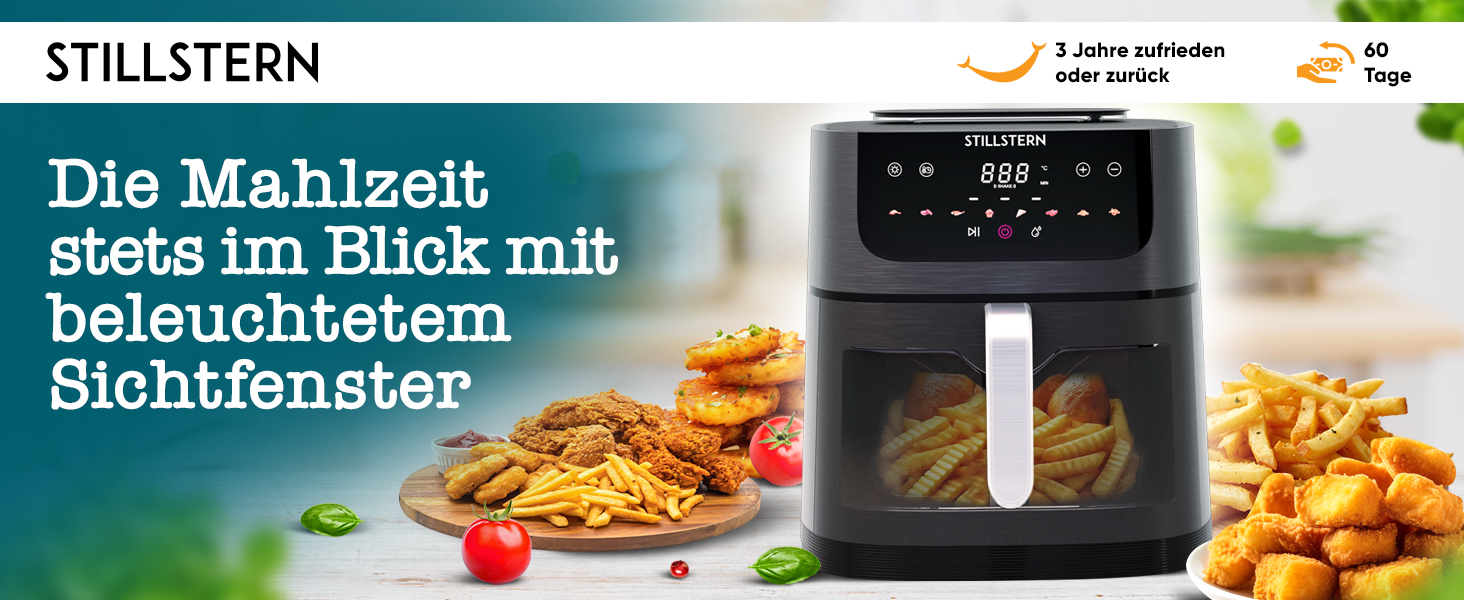 Stillstern Airfryer з оглядовим вікном, 8л, з парою та функцією Shake, 80-200°C, 1800W, таймер 120хв, 100 рецептів, чорний