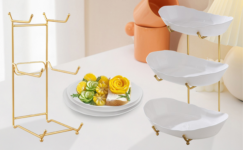 Стійка для фруктів та овочів JurciCat з 3 ярусами, золотий металевий каркас, білі пластикові миски
