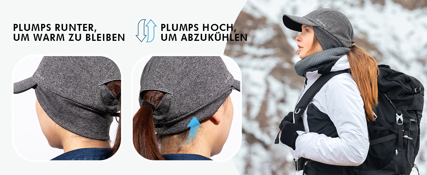 Водонепроникна шапка-кепка TOP-EX для жінок з відкидною часткою та отвором для хвостика, тепла флісова підкладка, біг узимку, світловідбиваюча, сірий колір, розмір L-XL