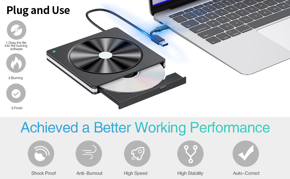 Зовнішній DVD/CD привід USB 3.0 та USB-C, DVD-записувач для ноутбука, ПК, Mac OS, Windows, Linux (Білий)