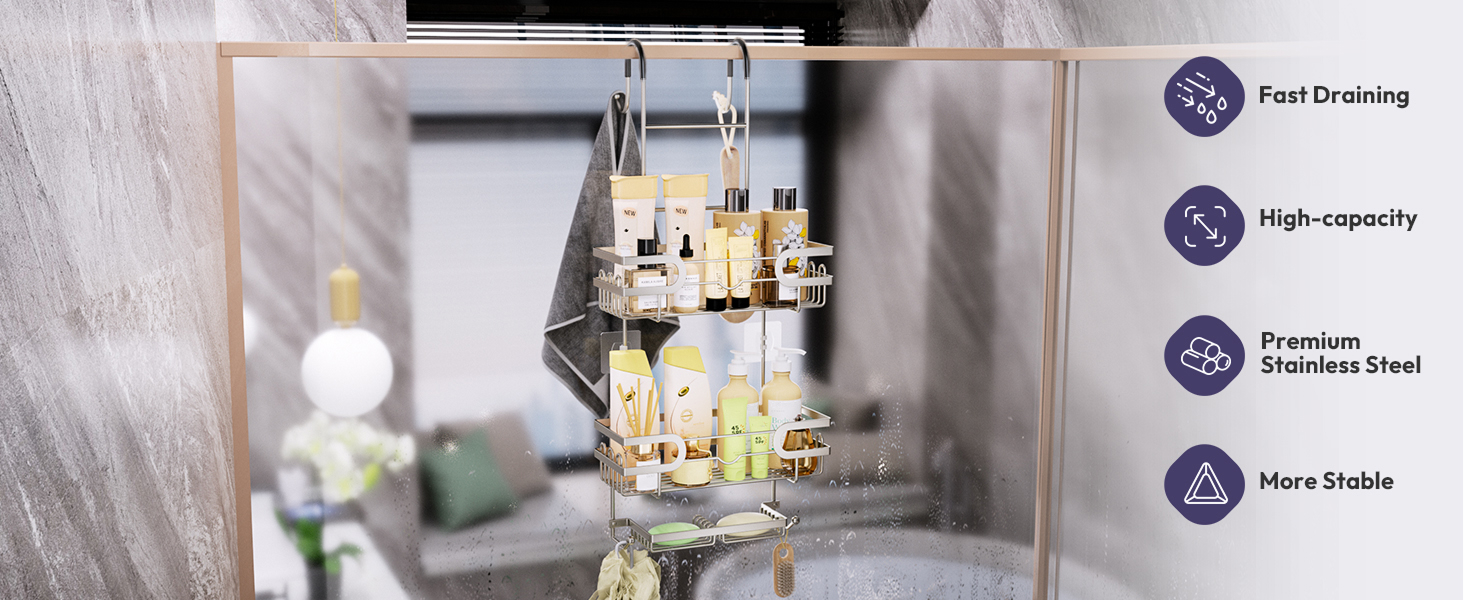 Настінна поличка для душу SWTYMIKI з нержавіючої сталі, сірого кольору - 2 корзини, 2 мильниці, 14 гачків