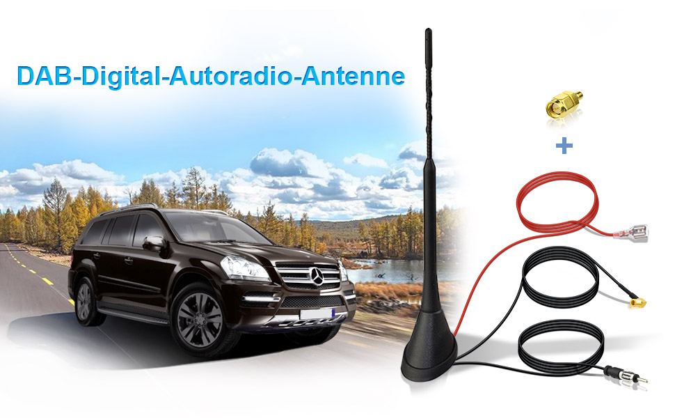 Активна автомобільна антена Eightwood DAB/DAB+, FM/AM, з підсилювачем, дахова, з SMB/SMA штекером і DIN адаптером, сплітер, 5 м кабель