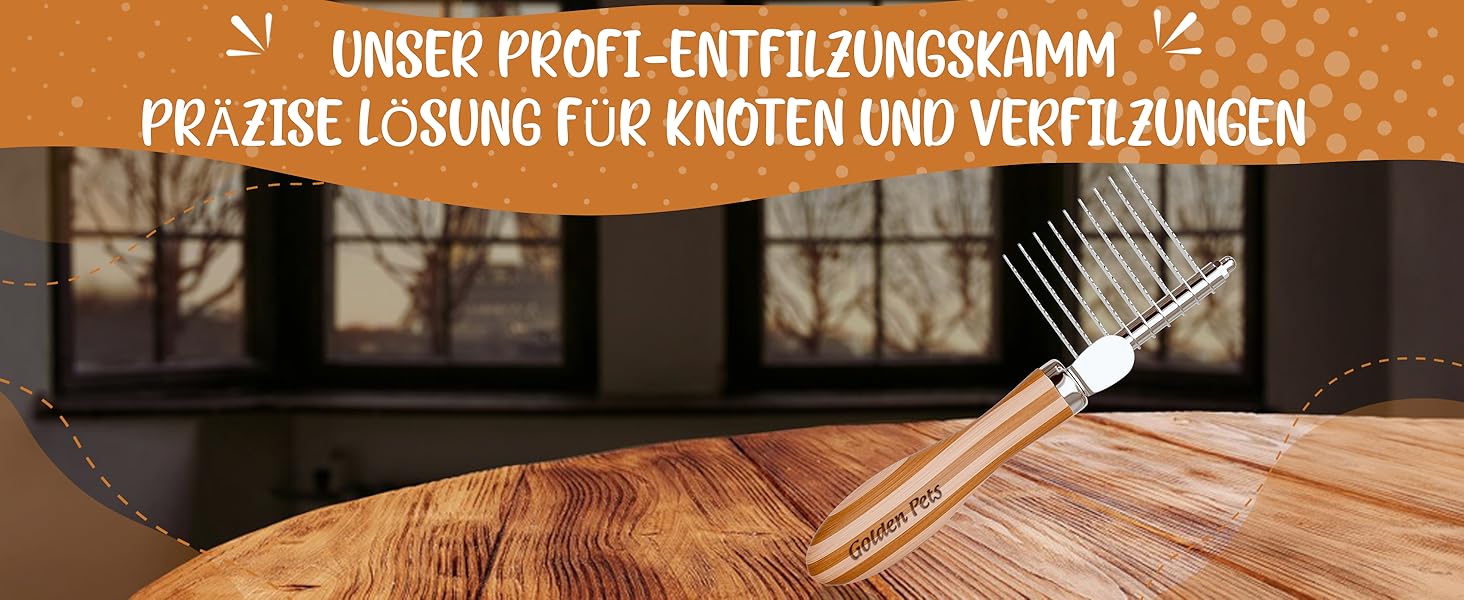 Гребінець для собак та котів Golden Pets Entfilzer Kamm для середньої та довгої шерсті | Підходить для собак та котів будь-якого розміру | Зі згладженими зубцями | + Е-book з догляду за шерстю (9 лез з бамбука)