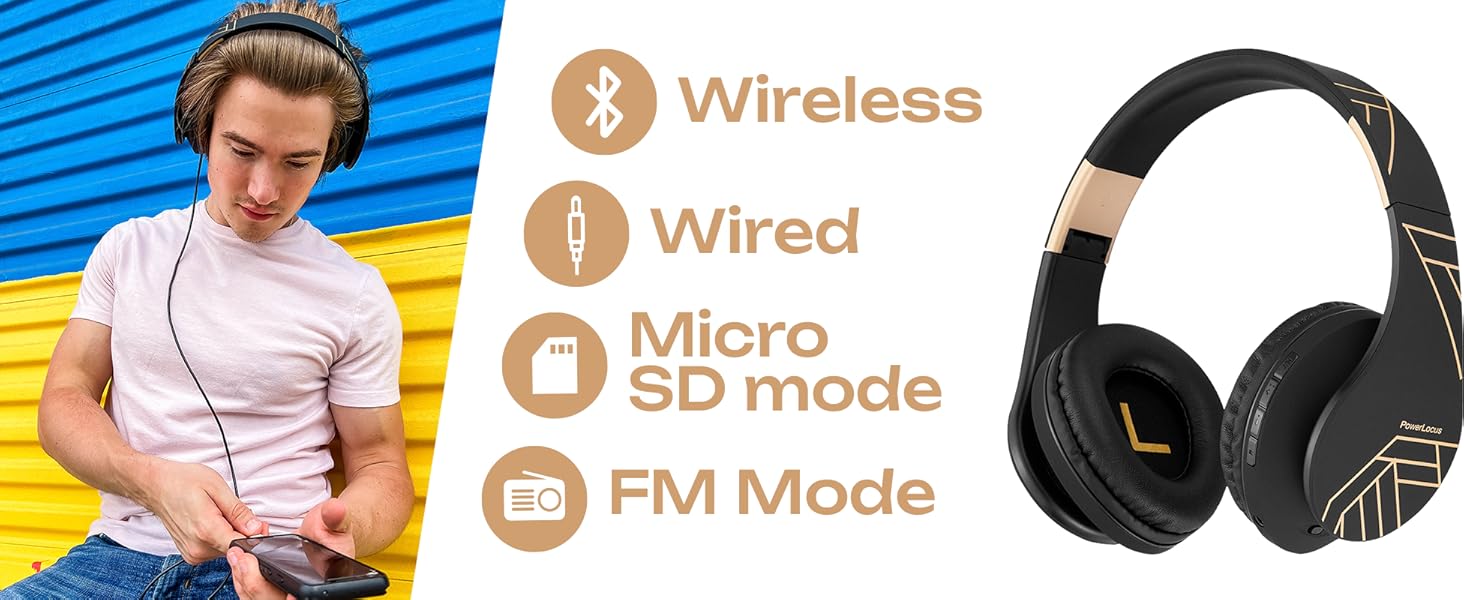 Бездротові навушники PowerLocus Over-Ear з Bluetooth, мікрофоном, складні конструкції, м'які амбушюри, Hi-Fi стерео бас, для дітей/дорослих/TV/PC/Home Office (Чорний/Золотий)