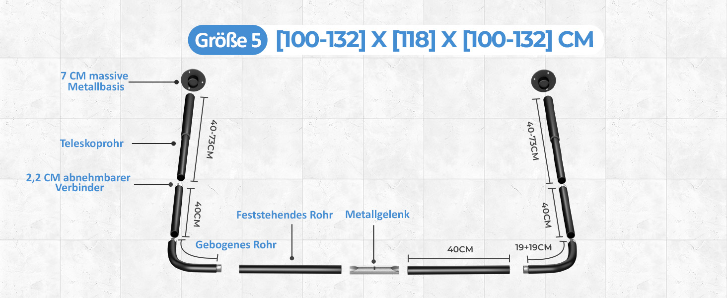 Регульована душова штанга U-подібної/L-подібної форми, 60-92 x 78-196 x 60-92 см, з 12 кільцями для шторки та підпоркою для стелі, чорна. Підходить для ванни/ванної кімнати. Потрібне свердловий монтаж.