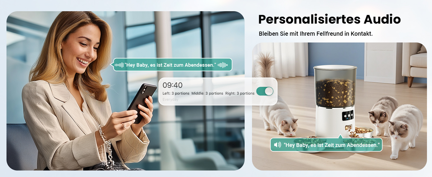 Автоматичне годування для котів з APP та таймером, 6 л / 25 порцій, 3 миски, 3 пакети силікагелю, система запобігання застрягання, WiFi 2.4G, запис голосу 10 сек, годівниця для котів та собак (білий)