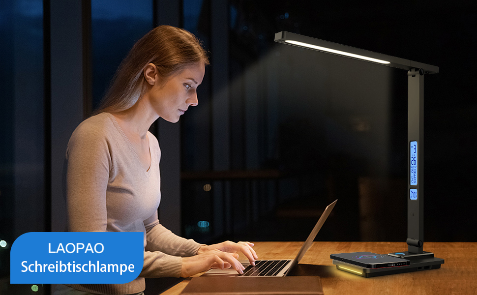 Світлодіодна лампа настільна з регулюванням яскравості та функцією зарядки, годинник - нічник з бездротовим зарядним пристроєм 10W, USB-порт, складний дизайн, сенсорне керування 5 рівнів, 3 режими Tx223black-eu