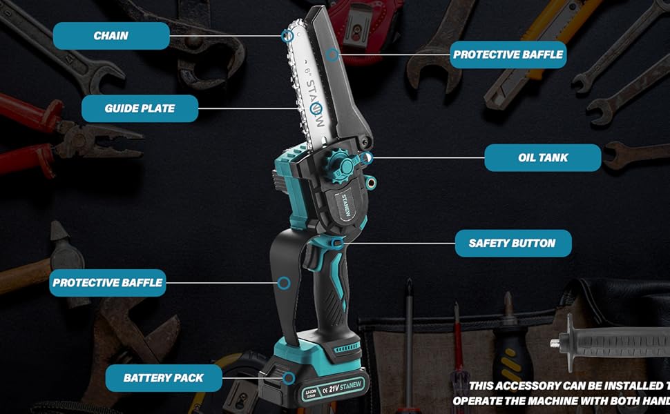 Міні-бензопила STANEW з 2 акумуляторами 2000mAh та зарядним пристроєм, 6 та 8 дюймів, 600W безщітковий двигун, для догляду за садом, обрізки дерев та роботи з деревом. Стандартна комплектація