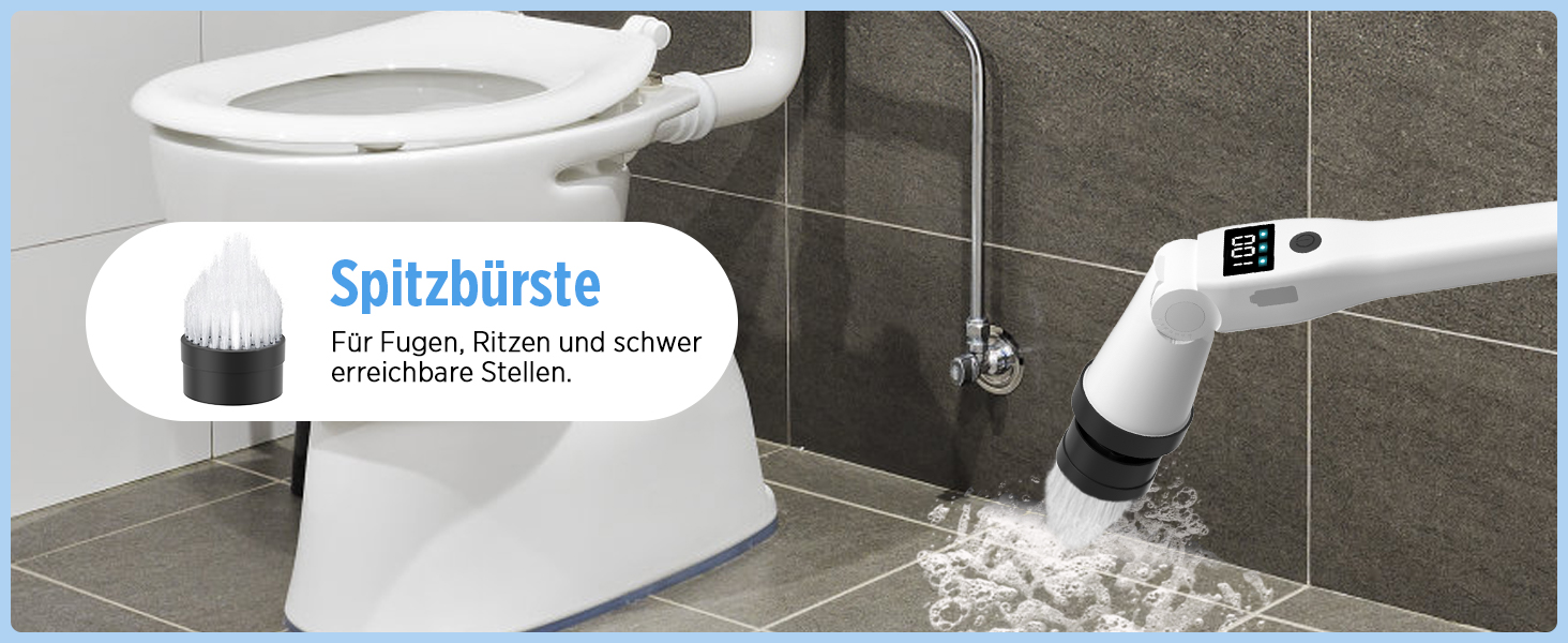 Електрична щітка для прибирання з 8 насадок, 3 швидкості, IP65 водостійка, регульована ручка, акумуляторна щітка для ванної, кухні, плитки, душу та кутів (біла)
