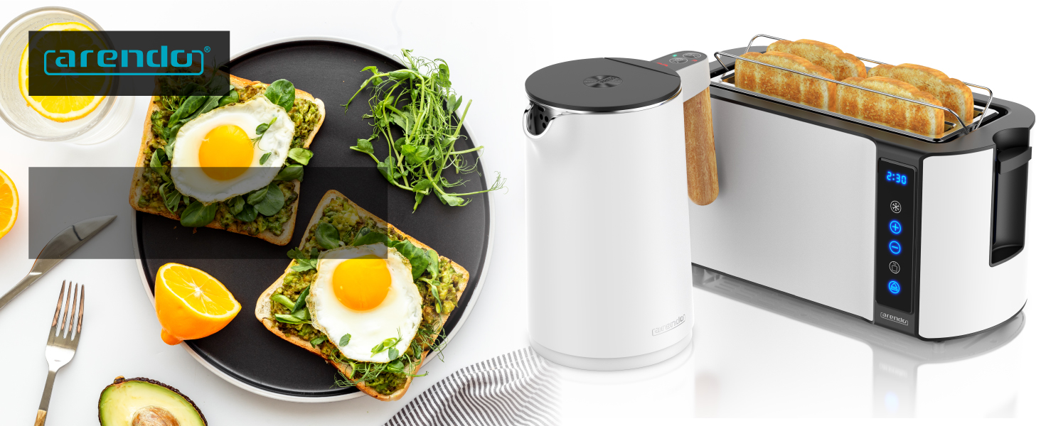 Набір Arendo: чайник з регулюванням температури та тостер на 4 скибочки з підігрівом для бутербродів - нержавіюча сталь, білий матовий