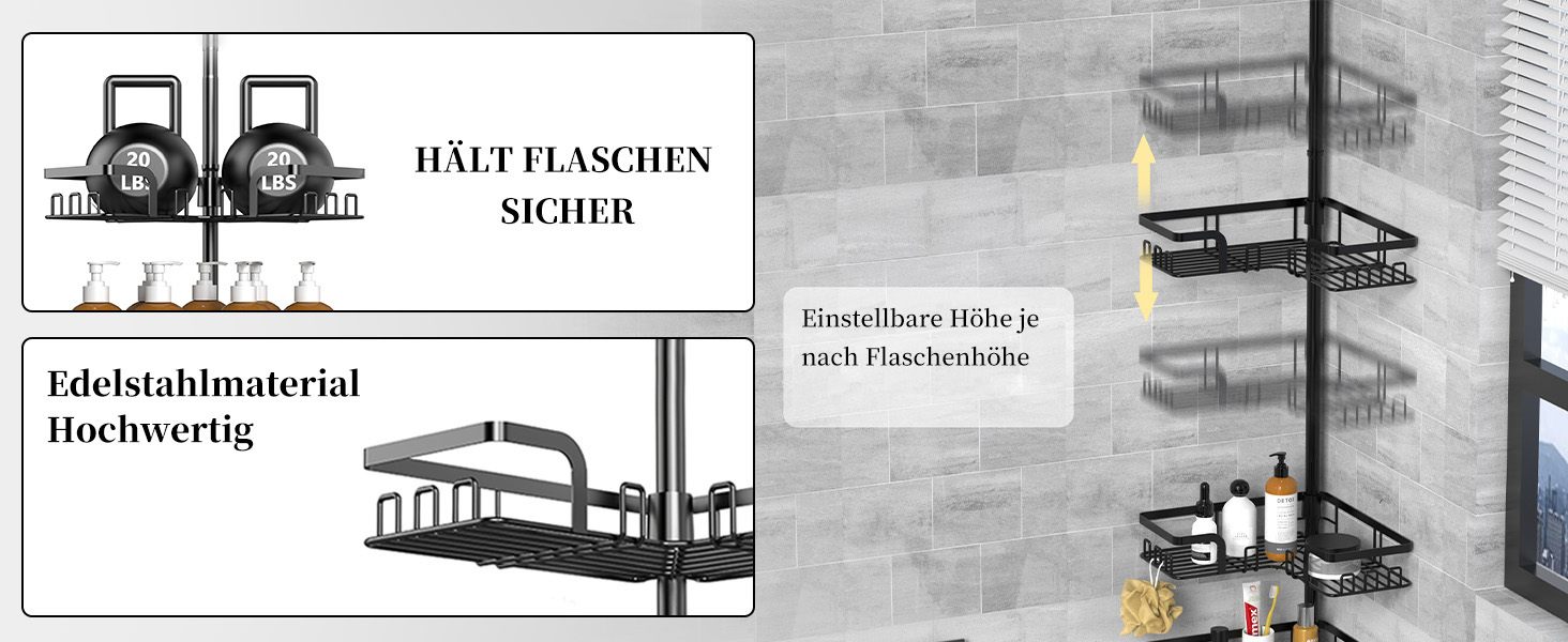 Поличка для душу Kegii без свердління, телескопічна поличка для кута, тримач для шампуню в душ, регульована висота, 4 шт., чорний