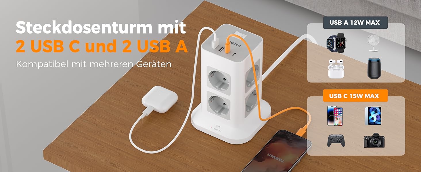 Розподільник розеток TESSAN з 8 розеток, 2 USB-C, захистом від перенапруги, 4 USB, вимикачем та кабелем 2м (сірий/білий)