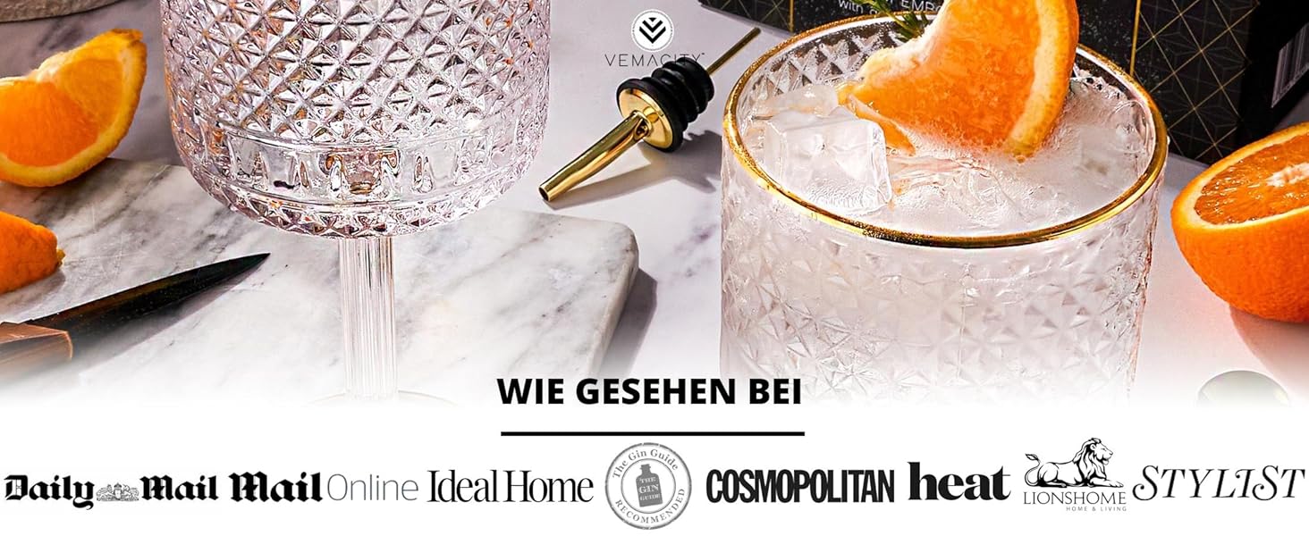 Набір келихів для джину Vemacity Luxuriöses Gin Gläser 2er Set: 2 келихи з золотими деталями (450 мл), ложка, мірний стакан, E-book з рецептами. Чудовий подарунковий набір.