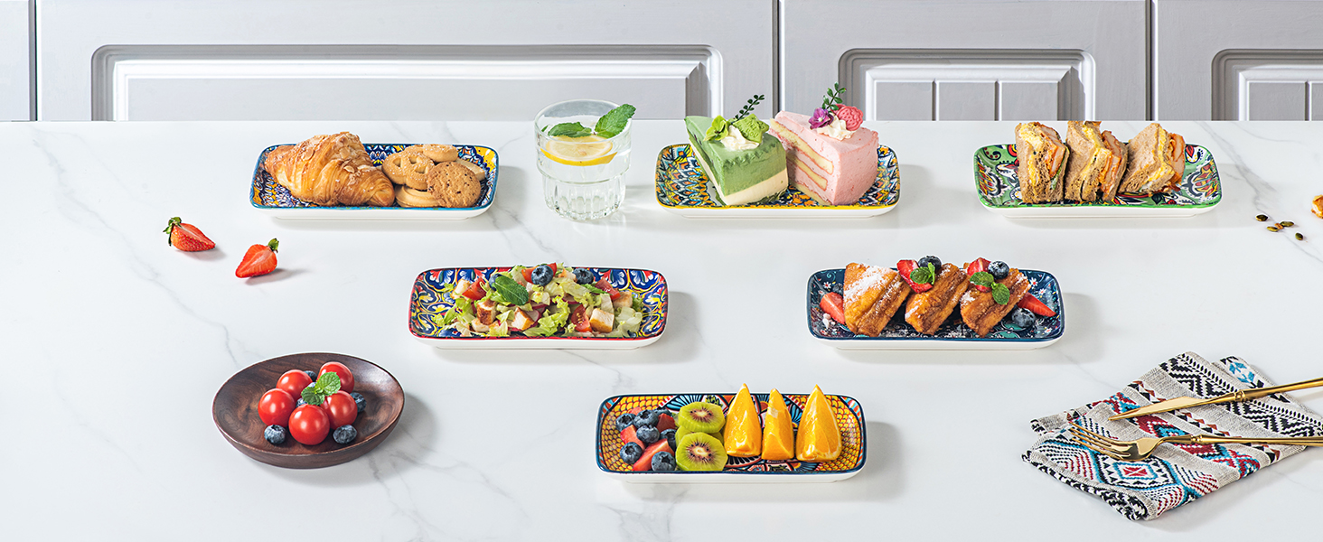 Сервіровочні тарілки HENXFEN з порцеляни, 25.4 см, набір прямокутних тарілок, 25.4 x 17.8 см, для салату, закусок, сашімі, богемний квітковий дизайн у 6 яскравих кольорах (прямокутна тарілка 20.3 см)