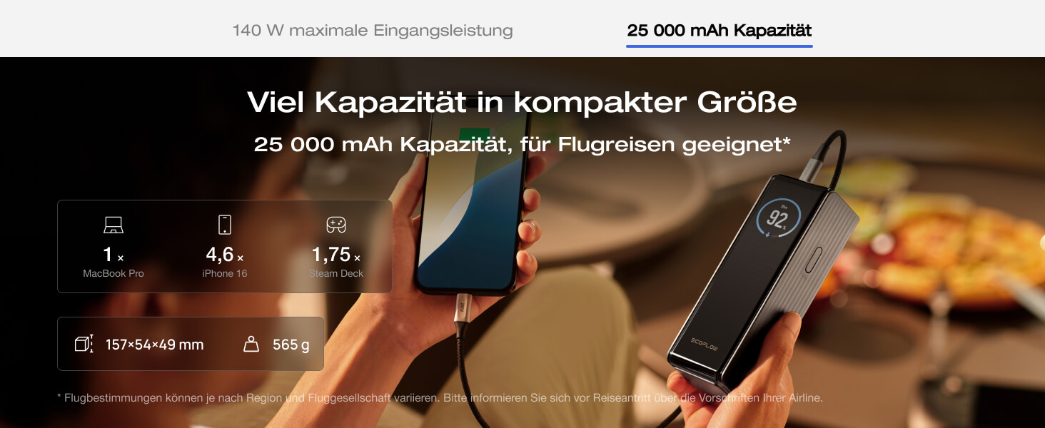 EcoFlow Power Bank 25000mAh 170W: Портативний зарядний пристрій для ноутбуків, iPhone, MacBook, Samsung, iPad, Steamdeck, Switch (Срібний)