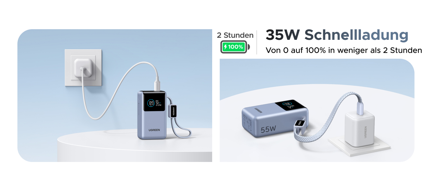Power Bank UGREEN 10000mAh 55W з кабелем, PD 45W, Mi Turbo Charge для Xiaomi, сумісний з iPhone 15/16/17, блакитний
