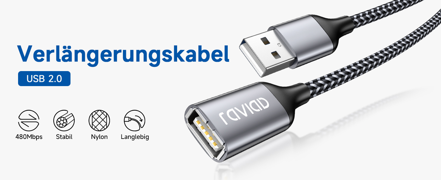 USB подовжувач RAVIAD 3м, USB 2.0, A-A, нейлон, сірий. Для картрідерів, клавіатур, принтерів, сканерів, камер, хабів