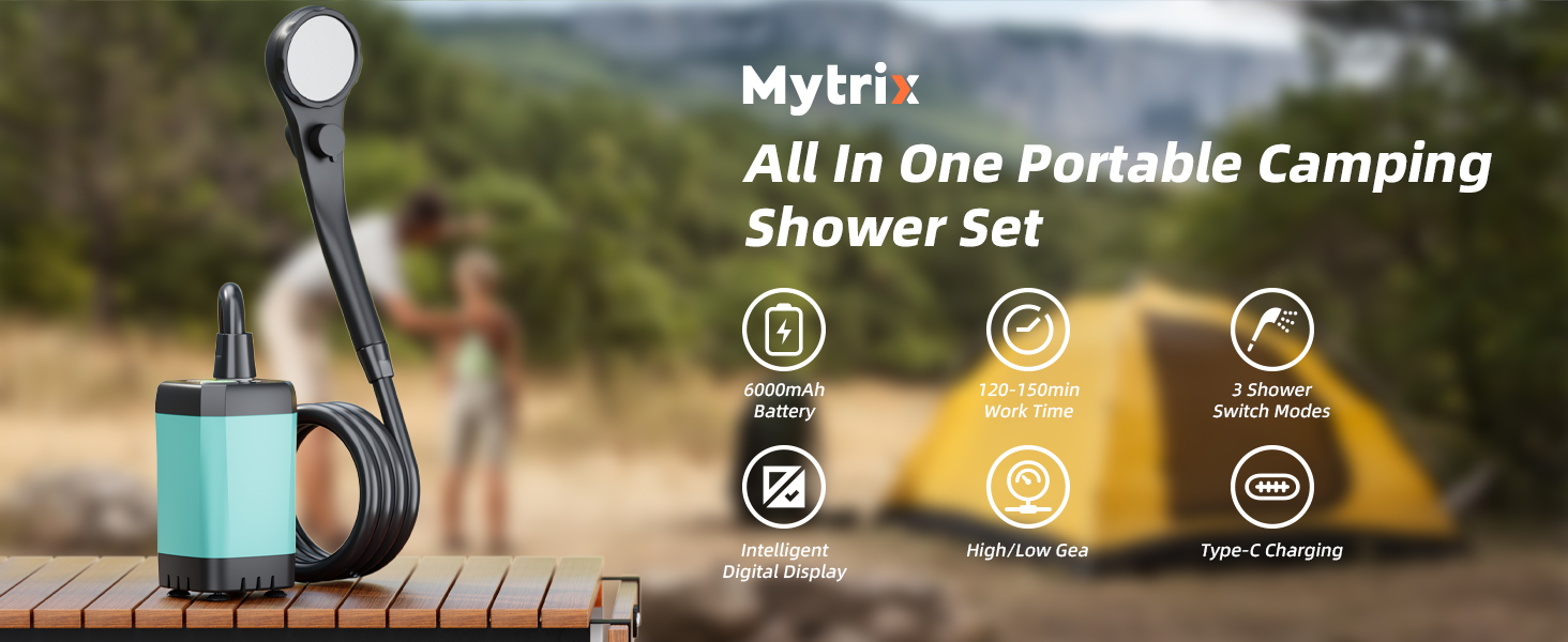 Mytrix 2024 Портативний душ для кемпінгу, повний комплект: акумуляторний насос 6000 мАг зі смарт-дисплеєм, багаторежимна лійка та складне відро 19 л для подорожей і туризму