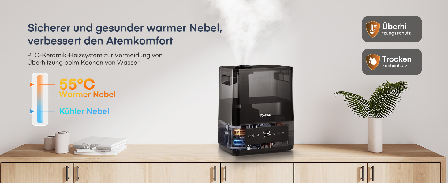 Зволожувач повітря FOHERE для спальні, 6 л, тихий, з теплим/холодним туманом, 60 годин роботи, дифузор для ефірних олій, режим сну, таймер 12 годин, нічник для дому, дитячої кімнати, рослин, немовлят та дітей