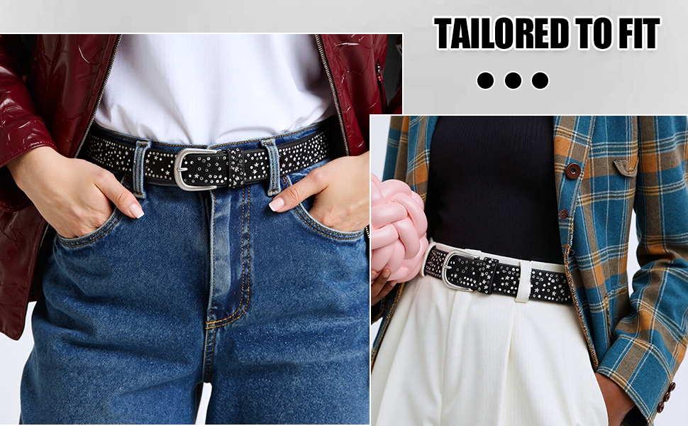 Жіночий шкіряний ремінь 110 см з зірковими заклепками, ширина 3.8 см, для джинсів, суконь, штанів та шортів, регульований, вінтажний, з металевою пряжкою, чорний