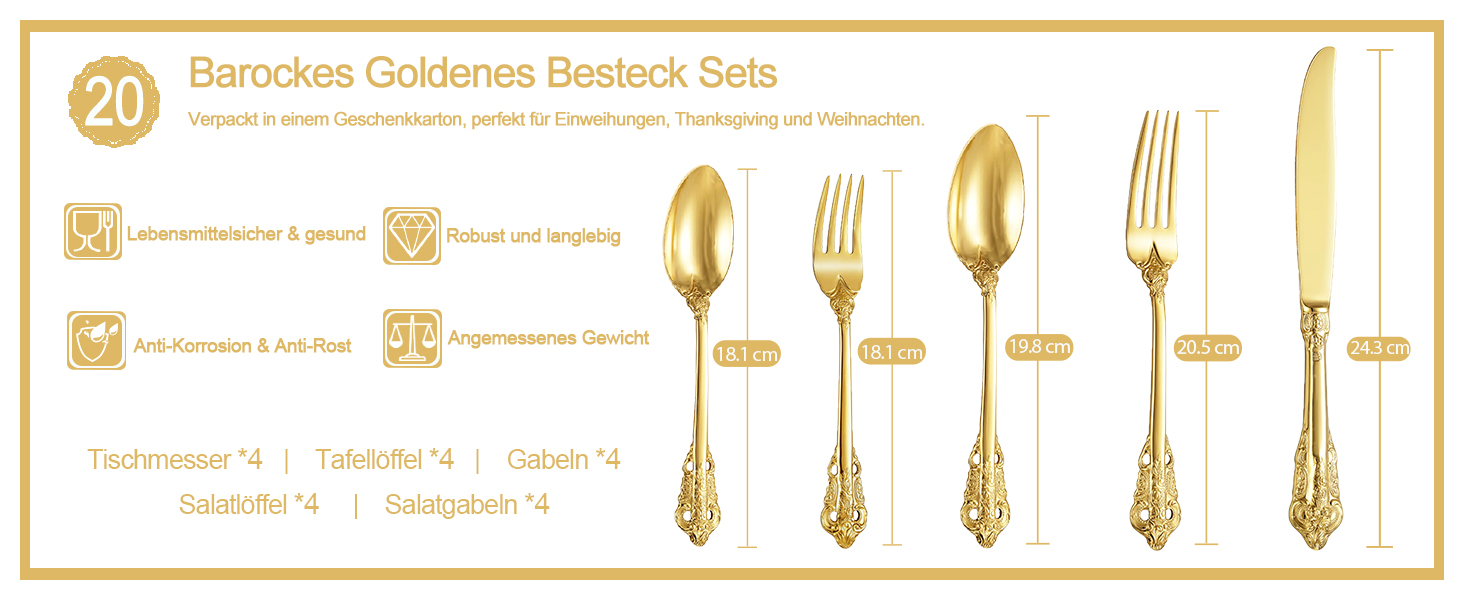 Набір столових приборів Prächtiges Barock 20 предметів з нержавіючої сталі 18/10, золотий колір, у подарунковій коробці (виделки, ложки, ножі)