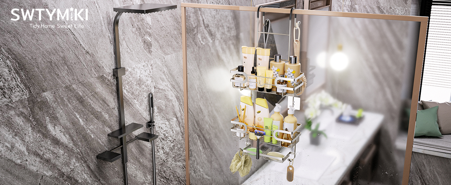 Настінна поличка для душу SWTYMIKI з нержавіючої сталі, сірого кольору - 2 корзини, 2 мильниці, 14 гачків