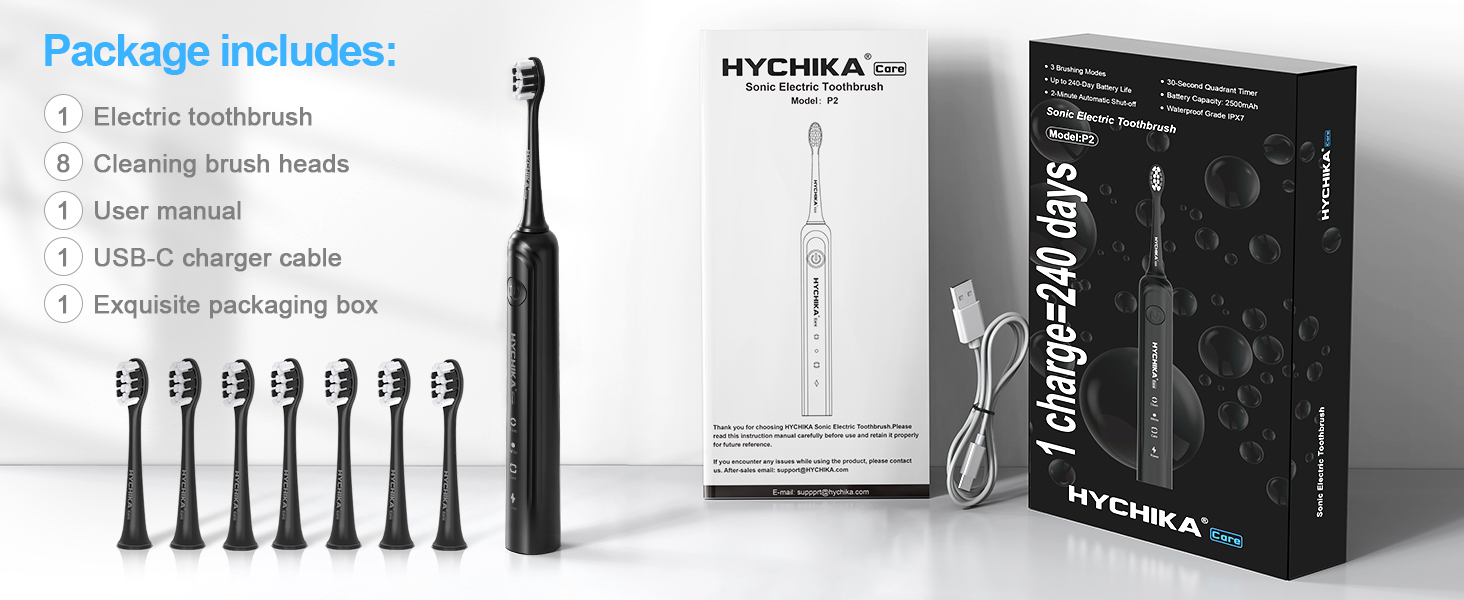Електрична зубна щітка для дорослих з акумулятором 240 днів, 8 насадок, 3 режими, таймер 2 хв, IPX7 водонепроникна, чорна