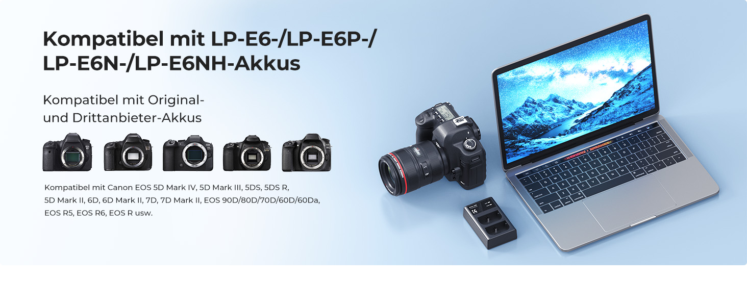 Зарядний пристрій для акумуляторів Canon LP-E6/LP-E6N/LP-E6NH з подвійним слотом K&F CONCEPT, Micro USB та Type-C, швидка зарядка для EOS R5, R6, R, 5D Mark IV, 5D Mark III, 5DS, 5DS R, 5D Mark II, 6D