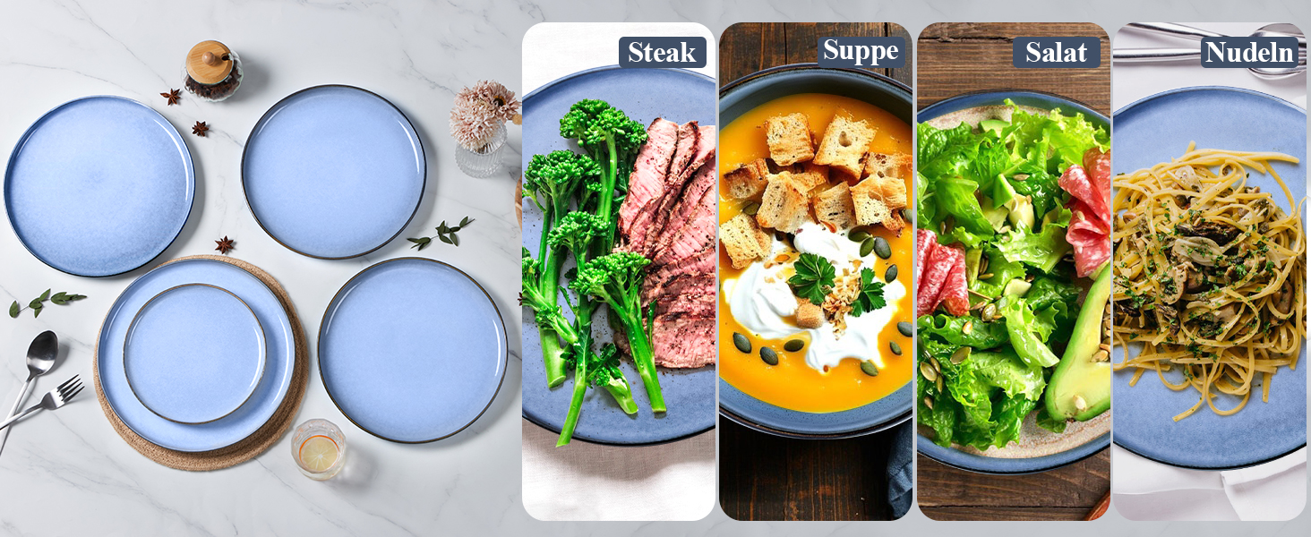 Набір посуду Joyfair на 6 осіб, 18 предметів: тарілки для їжі, десертні тарілки, миски для каші, з реактивною глазур'ю, для мікрохвильової печі та посудомийної машини (Ozean Blau)