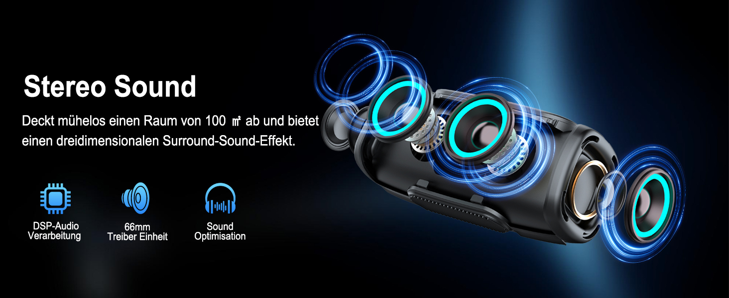 Портативна Bluetooth колонка з ручкою, 66 мм діаметр динаміка, BT5.3/24W/IP-X6 вологостійка, бездротова стерео колонка з RGB підсвічуванням, для дому/відкритих просторів/вечірок