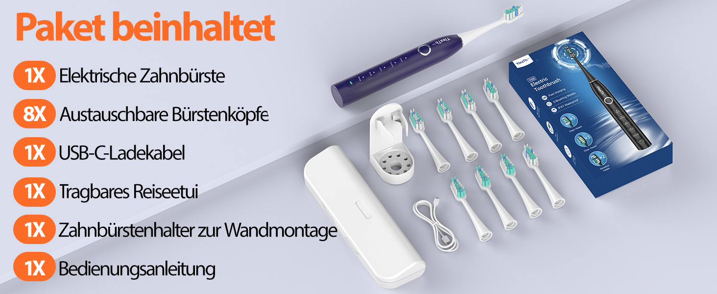 Електрична зубна щітка зі звуковими вібраціями, 8 насадок (3 типи), таймер, 120 днів роботи від акумулятора, 5 режимів чищення, чохол для подорожей, док-станція, фіолетовий колір