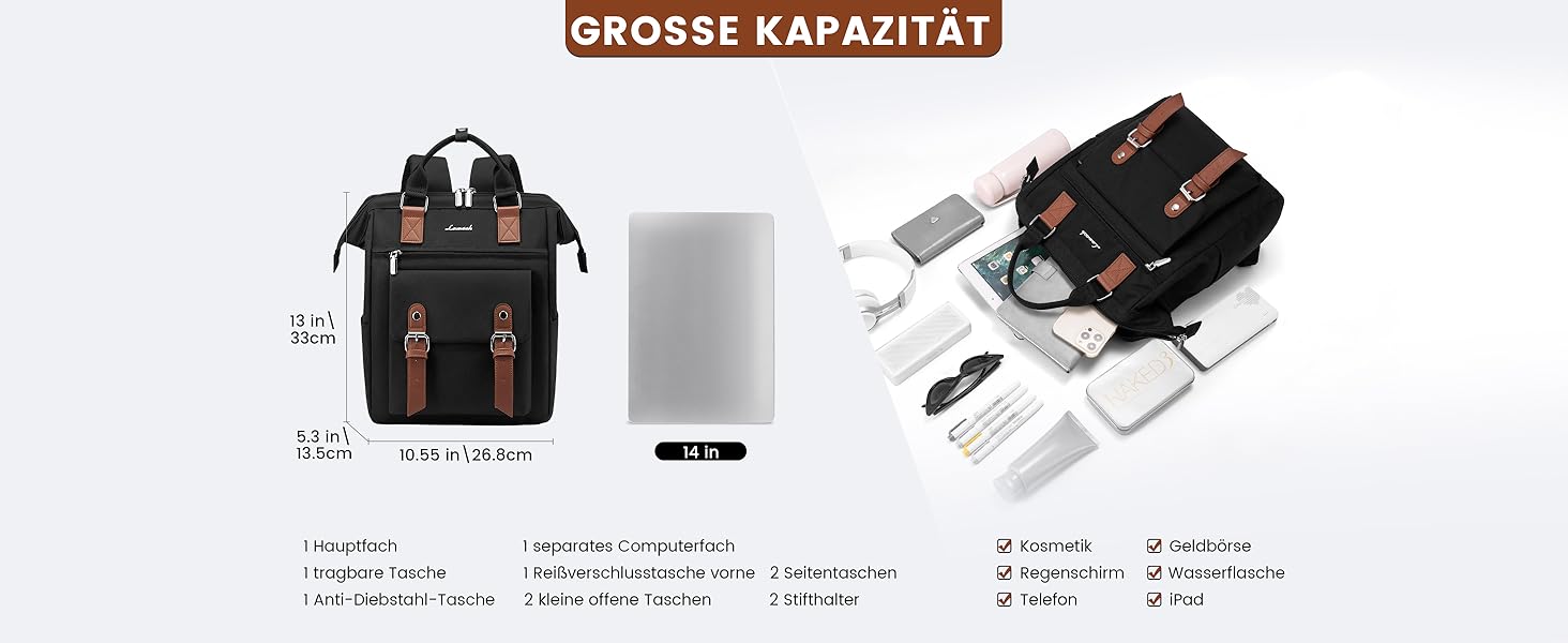 LOVEVOOK Рюкзак жіночий великий, водонепроникний, для подорожей, ручної поклажі, з відділенням для ноутбука 14 дюймів, чорно-коричневий