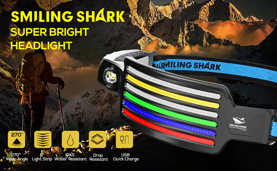 Світлодіодний налобний ліхтар Smiling Shark, надяскравий, 6 LED, широкий кут, водонепроникний, акумуляторний, для кемпінгу, бігу та риболовлі (мультиколор)