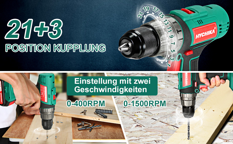 Акумуляторний шурупокрут HYCHIKA 18V, 45 Nm, 2.0 Ah, 27 предметів, 21+3 ступені, 2 швидкості, для свердління та закручування