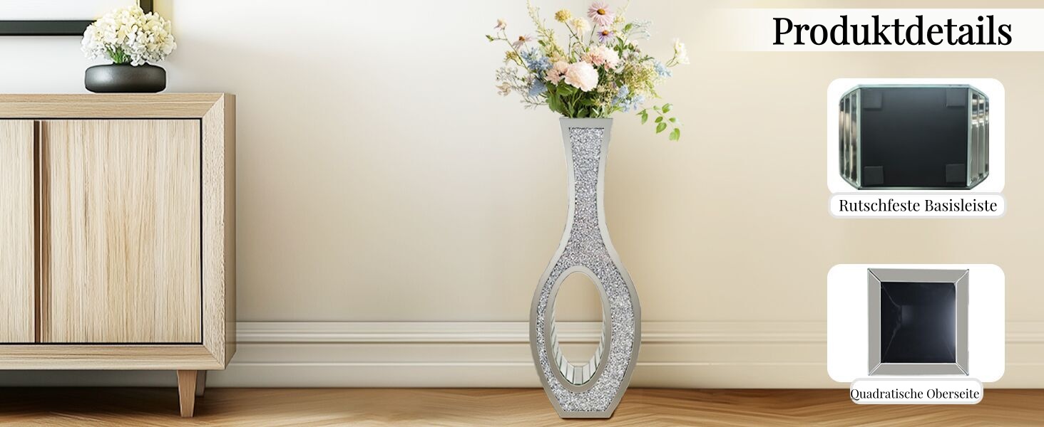 Ваза для квітів напольна 68 см, срібна ваза з кристалом для пампас трави, скляна ваза з дзеркальними діамантами, декоративна розкішна блискуча ваза для вітальні, декор інтер'єру – не для води (13L x 12.5B x 76.5H cm)