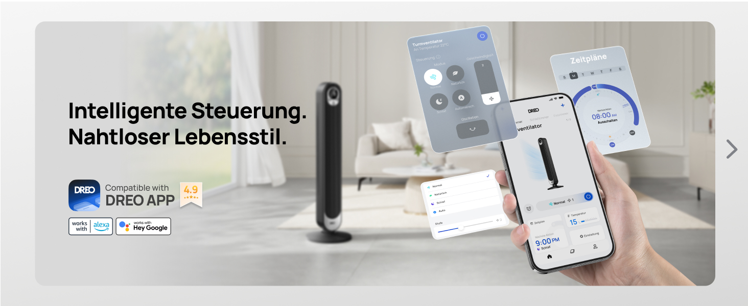 Дрео розумний вентилятор з мотором DC 20dB, 11 м дальность, з пультом керування, 9 режимів, 4 моди, 90° осциляція, голосове керування, таймер 12H, Wi-Fi, для спальні