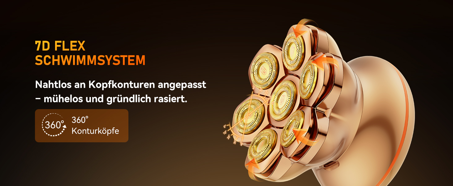 Професійний електричний стайлер для гоління голови 7D PRO Glatzen Rasierer для чоловіків. Водонепроникний (IPX6), з плаваючою головкою, акумулятор 1400mAh, швидкість 8800RPM, золота головка, USB-C, 0 мм