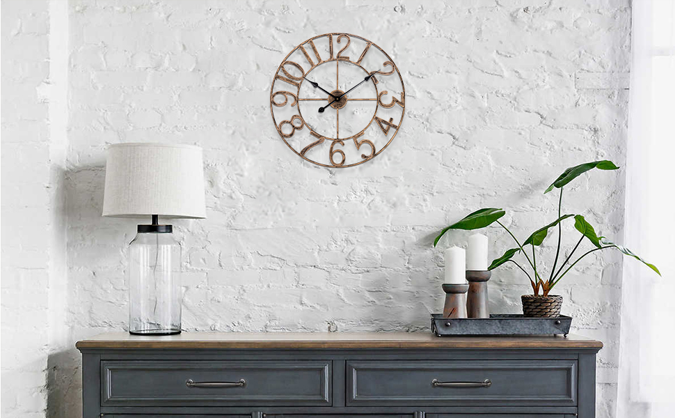 SkyNature Wall Clock No Ticking, 47cm Large Vintage Metal Decor Wall Clocks, Silent Round Bronze Industrial Clock, Analog Wall Clock for Living Room, Kitchen, Bedroom, Office - Bronze
