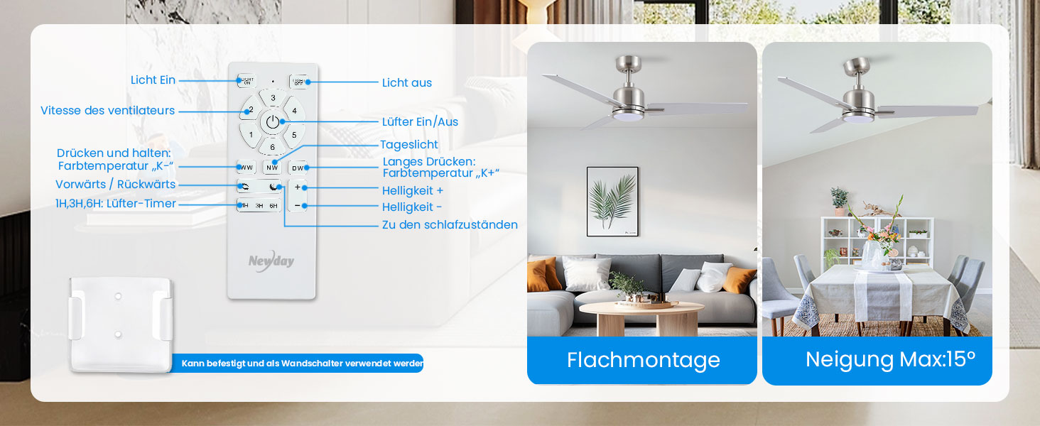 Стеляний вентилятор Newday з дерева білого кольору, 122 см з підсвіткою та пультом керування. Тихий вентилятор на стелю з лампою, регульована яскравість, DC мотор, реверсивний режим для спальні та вітальні (122-silber-holz)
